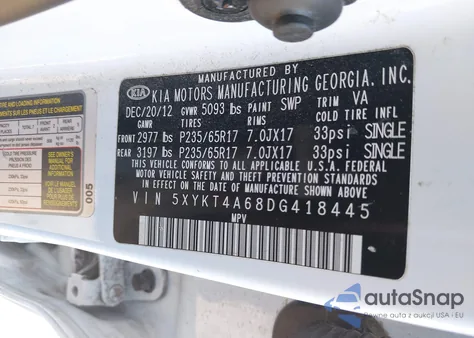 2013 Kia Sorento Lx from USA, damaged, VIN 5XYKT4A68DG418445